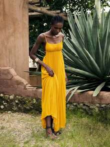 Maija 女士夏季度假连衣裙，简约无袖纯色波西米亚风沙滩裙，适合春夏季节穿着 - 黃色 - 查看 3