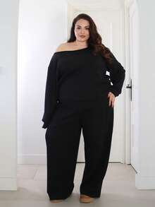 Pretty and Ole 大码休闲纯色斜肩上衣和裤子两件套，秋季两件套家居套装女女士两件套休闲两件套舒适两件套 - 黑色 - 查看 1