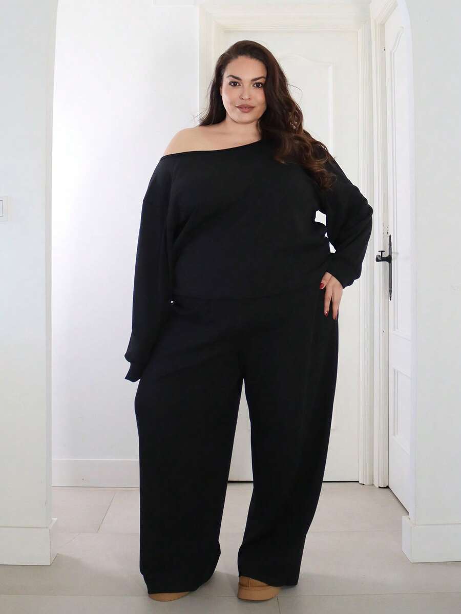 Pretty and Ole 大码休闲纯色斜肩上衣和裤子两件套，秋季两件套家居套装女女士两件套休闲两件套舒适两件套 - 黑色 - 查看 1