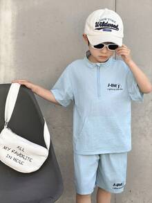 SHEIN Little Byeori Young Boys Casual Printed Short Sleeve T-Shirt And Shorts Set - Baby Blue - View 3
