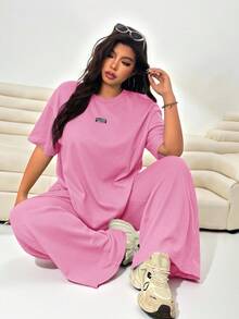 Solflare Conjunto informal de 2 piezas de cárdigan de punto texturizado talla grande + pantalones sueltos - Rosa Fucsia - Ver 5