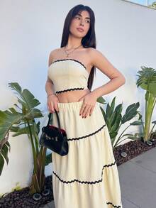 Hitanina 2 件套女士优雅短款抹胸上衣和裙子套装 - 杏色 - 查看 4