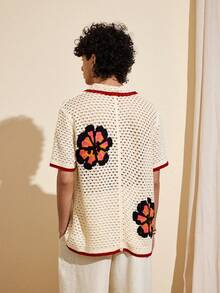 Felipe Marques Men's Floral Pattern Hollow Short Sleeve Single-Breasted Knit Top - Apricot - View 2