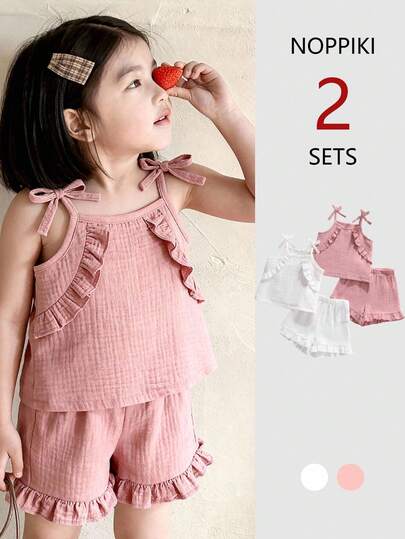 4pcs/Set Girls' Cute Style Toddler Vest Set, Spring/Summer, Includes White & Pink Camisole Tops With Ruffle Trim At Neckline & Shoulders, Paired With Elastic Waist Ruffle Hem Shorts, Comfortable Casual & Holiday Wear