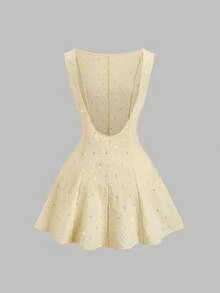 Sweetra 新款镂空串珠提花面料优雅通勤时尚船领荷叶边下摆黄色连衣裙，女款 - 黃色 - 查看 1