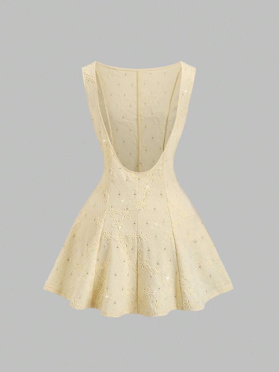 Sweetra 新款镂空串珠提花面料优雅通勤时尚船领荷叶边下摆黄色连衣裙，女款 - 黃色 - 查看 1