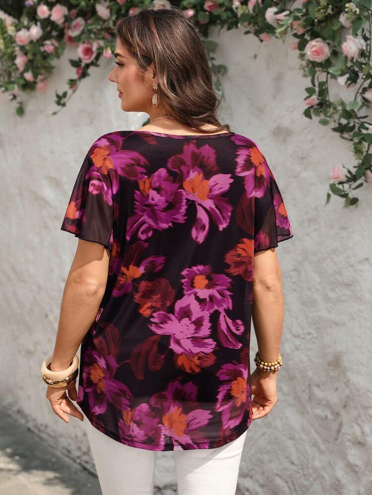 Plus Size Women Summer Short Sleeve Floral Print Tunic Blouse, For Holiday,Summer Holiday,Vacation,Simple And Fashionable For Everyday Wear Beach Vacation Bohemian, Going Out Tops