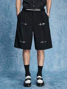 ROMWE MEN Pantalones cortos casuales de hombre de unicolor con bolsillo plisado y botones a presión - Negro - Ver 5