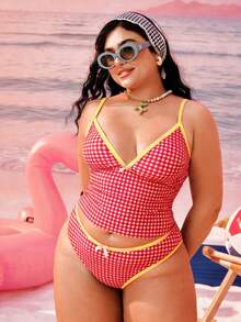 Swim Mod Bikini Wanita Ukuran Besar 2 Potong Motif Geometris Motif Flapper Musim Panas 1920-an Warna Kuning untuk Liburan Pantai, Pinggang Tinggi, Potongan Tinggi, dan Potongan Sederhana dengan Pita dan Potongan Tinggi. - Merah - View 6