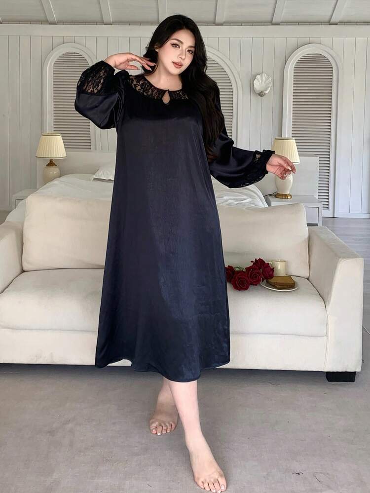 Dazy Plus Plus Size Women Contrast Lace Long Sleeve Loose Elegant Nightgown