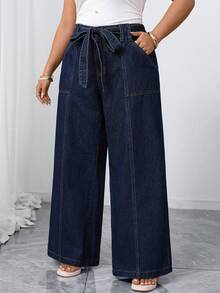 Elenzga Plus Size Women's Elegant Loose Comfortable Dark Blue Non-Stretch Wide Leg Jeans - Dark Wash - View 6