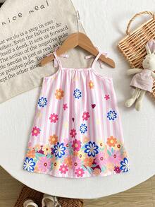 SHEIN 女婴夏季连衣裙，时尚甜美百搭吊带裙，适合外出、日常穿着和度假 - 粉色 - 查看 2