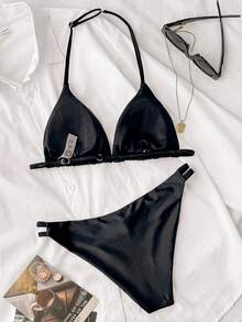 SHEIN Teen Girl Summer Beach Vacation Keyhole Design Halter Swimwear Set - Black - View 2