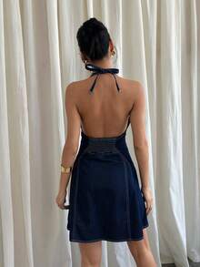 Siren Gaze 女士性感深V领牛仔连衣裙 - 深色水洗藍 - 查看 6