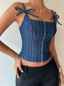 Siren Gaze Áo hai dây denim buộc dây kiểu dáng thường ngày dành cho nữ, thích hợp cho mùa hè. - Rửa trung bình - Xem 6