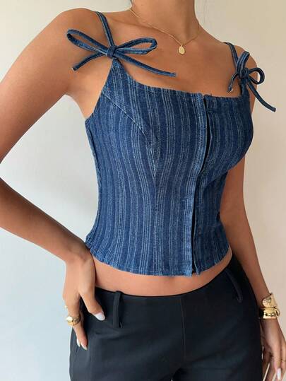 Siren Gaze Áo hai dây denim buộc dây kiểu dáng thường ngày dành cho nữ, thích hợp cho mùa hè.