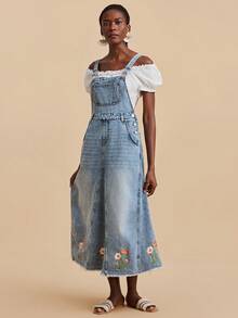 Travachic Women's Casual Denim Dress With Floral Embroidery And Pocket Design - Light Wash - View 7