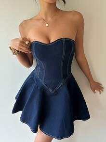 Siren Gaze 女士夏季时尚束腰无肩带牛仔连衣裙 - 深色水洗藍 - 查看 1