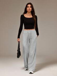 SHEIN Tall Comfortable And Casual Plain Knitted Low-Rise Wide-Leg Women's Sweatpants - Grey - View 7