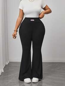 Truni Women Plus-Size Knitted Elastic Solid Color Flare Pants With Pocket, For Pear Triangle Body Shape - Black - View 6