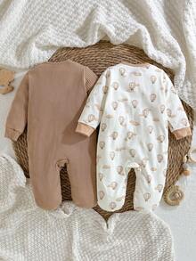 Loomiva Bộ đồ liền thân và quần dài tay cổ tròn mềm mại cho bé gái sơ sinh, họa tiết gấu hoạt hình. - màu nâu - Xem 2