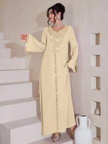 Al Najma Luxurious Embroidered & Beaded Loose Long Sleeve Split Maxi Dress, Turkish & Arabic Traditional Style - Yellow - View 6