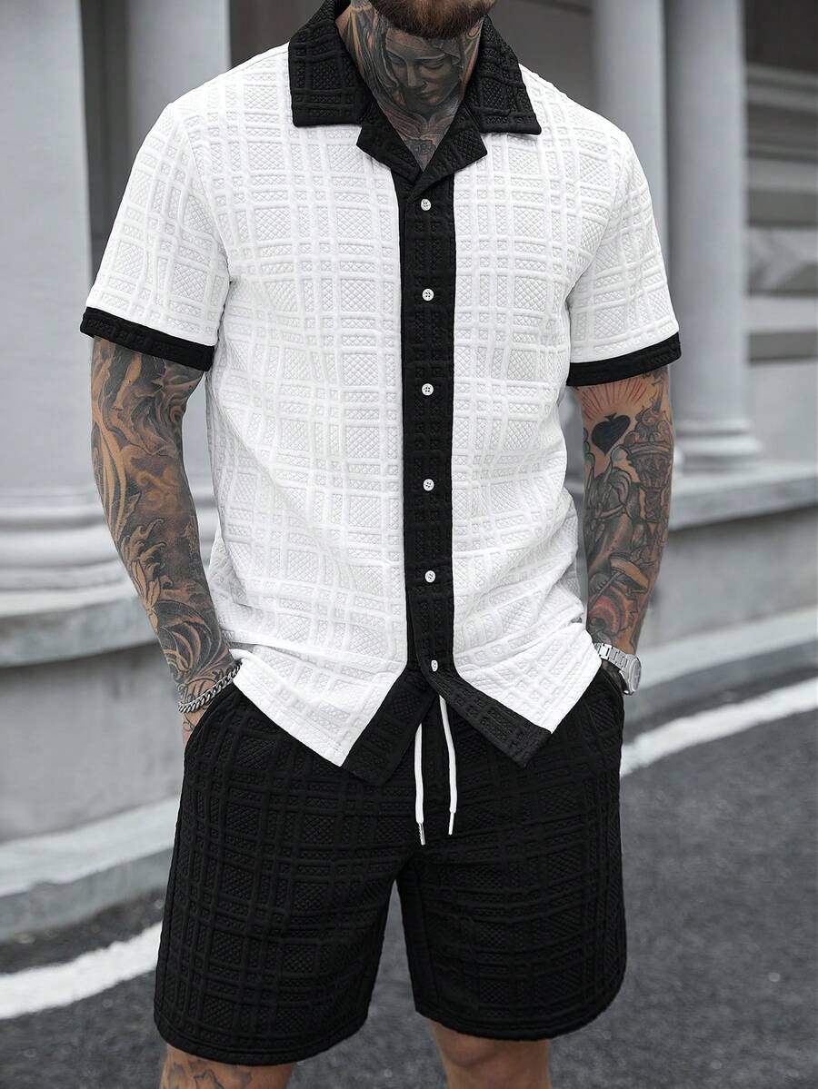 Manfinity CasualCool 男士夏季休闲撞色滚边衬衫和短裤套装 - 黑與白 - 查看 1
