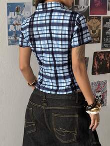 StreetHx Women's Blue Plaid Fitted Chest Pocket Short Sleeve Shirt, Casual Versatile, Collegiate Style, - Blue - View 2