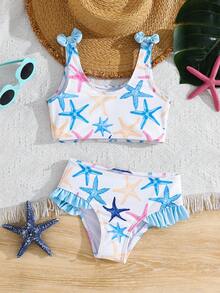 SHEIN 2pcs/Set Young Girl Knitted Starfish Pattern Swimsuit Top And Swim Shorts Set - Baby Blue - View 5