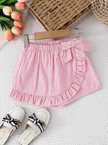 SHEIN Young Girl Woven Solid Striped Casual Shorts - Pink - View 1