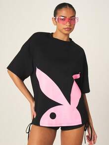 Missguided x Playboy 印花宽松短袖圆领纯棉T恤，适合日常休闲穿着，春夏系列 - 黑色 - 查看 1