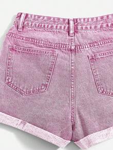 SHEIN Essnce 夏季休闲水洗做旧牛仔短裤 - 粉色 - 查看 3