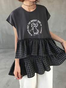 FRIFUL Women's Summer Plaid Patchwork Pleated Ruffle Hem Printed Loose Casual Versatile T-Shirt - Grey - View 3