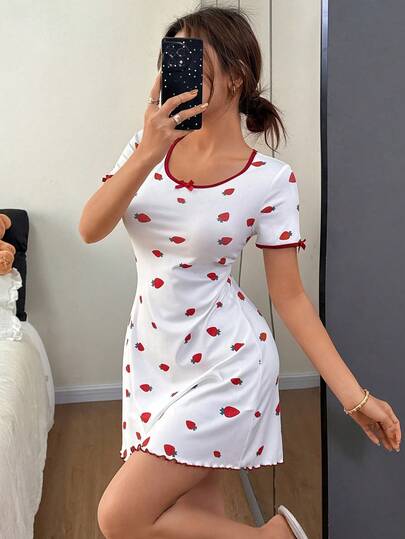 Dream Adore 条纹短袖草莓印花睡裙，舒适优雅，春夏款