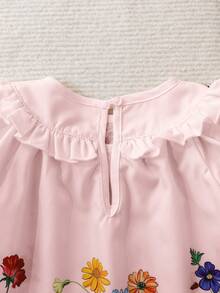 Newborn Baby Girl Cute Floral Pattern Ruffle Trim Loose Casual Dress Wildflower Dress Baby Puff Sleeve Baby Dress Baby Girl Floral Embroidery Dress Pink Baby Dress Baby Daisy Dress,Kids - Pink - View 6