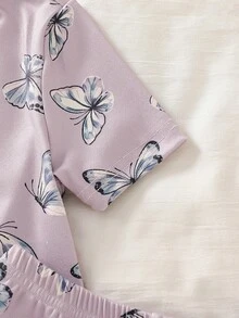 SHEIN 两件套女童优雅紫色粉色复古蝴蝶印花圆领修身短袖上衣和短裤睡衣套装 - 紫色 - 查看 6