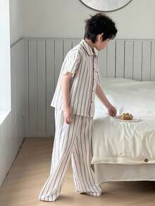 DAZY Tween Boy Striped Short Sleeve Single-Breasted Pocket Top And Pants Pajama Set - White - View 4