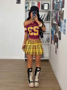 StreetHx Streetwear Women's Plaid Short Pleated Mini Skirt, Summer - Yellow - View 2