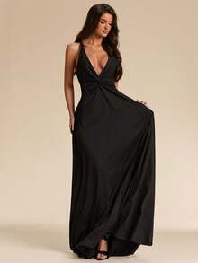 SHEIN BAE Đầm maxi nữ màu đen trơn, kiểu dáng đơn giản, hở lưng, cổ chữ V sâu, thích hợp cho tiệc tùng, kỳ nghỉ, tiệc chiêu đãi, đám cưới, đi chơi đêm, hẹn hò lãng mạn, mùa xuân/hè. - màu đen - Xem 5