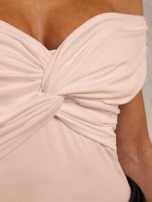 COSMINA Women's Solid Color Off-Shoulder Twist Design Bodysuit - Baby Pink - View 7