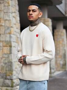 Devon Thys 休闲宽松圆领毛衣，慵懒时尚套头衫，饰有刺绣爱心图案，适合春、秋、冬穿着，男女皆宜 - 杏色 - 查看 4