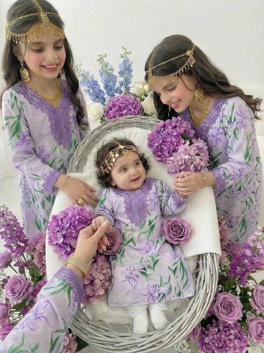 SHEIN 一件少女度假风全身印花蕾丝拼接长袖连衣裙 - 淡紫色 - 查看 1