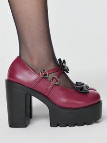 ROMWE Goth 女士高跟鞋 暗黑摇滚朋克哥特风 闭趾 Y2K 派对礼服鞋 粗跟蝴蝶结甜美玛丽珍鞋 小号皮鞋 低跟通勤工作鞋 - 酒紅啞光 - 查看 3