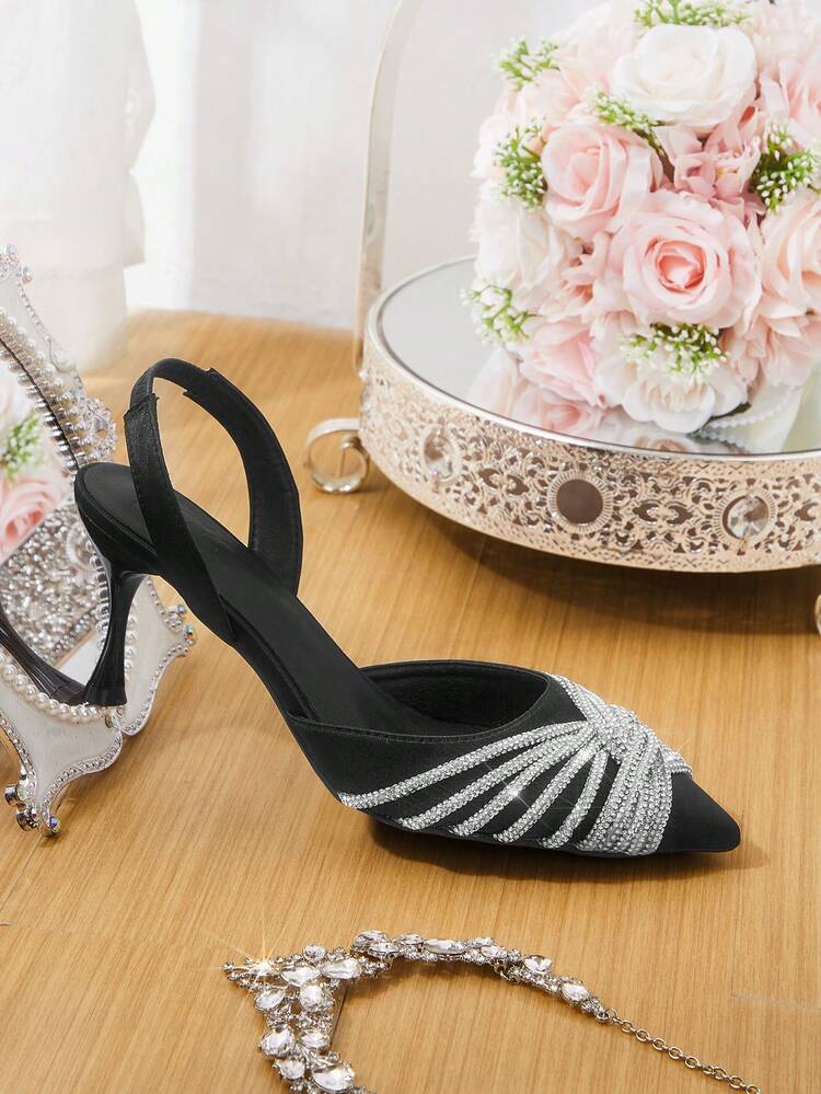 CUCCOO HITCHD Women's Pointed Toe Rhinestone Decor Daily Versatile Fashion High Heels Elegant Shoes Wedding Shoes