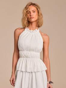 COSMINA Women's White Halter Neck Ruched Sleeveless Top, Elegant Solid Color Ruched Tank Top, Casual Vacation Y2K Romantic Date Daily Wear Halter Top - White - View 5