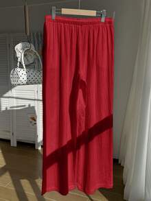 Comfortcana Quần ống rộng dáng suông, màu trơn, chất liệu vải nhăn, có dây rút, thích hợp cho kỳ nghỉ hè, cỡ lớn. - Đỏ - Xem 2