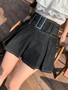 FRIFUL Women's Casual Pleated Waist Belt Denim Mini Skirt, Summer - Blue - View 8