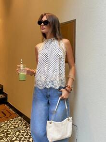 Serisse 女士波点印花蕾丝拼接吊带上衣，夏季法式黑白波点蕾丝荷叶边无袖吊带衫，精致蕾丝镂空设计，日常穿着、咖啡馆、朋友聚会、夏季上衣、海滩度假、派对上衣、外出上衣、优雅女士衬衫、休闲女士衬衫、波点上衣、白色上衣 - 米色 - 查看 8