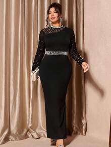 SHEIN CURVE+ Plus Size Women Solid Color Faux Pearl Decor Mesh Patchwork Long Sleeve Fitted Elegant Dress - Black - View 5
