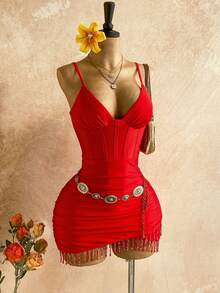 Soleia Women's Vacation Casual Fringe Hem Spaghetti Strap Mini Dress - Cherry Red - View 5